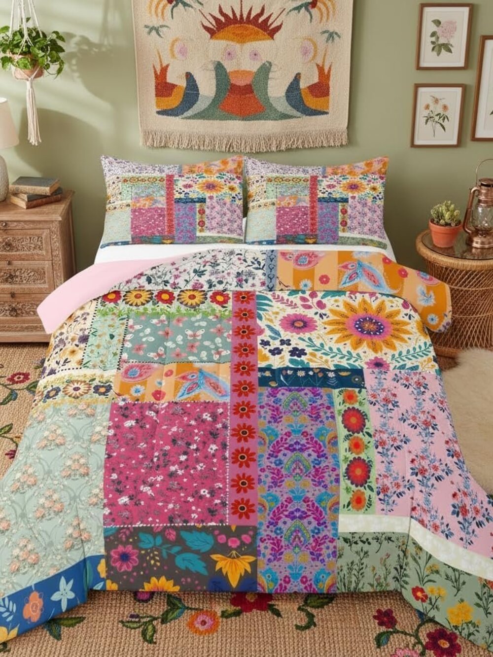 Boho Floral Twin Comforter Set,Pink Flower Patchwork Bedding Set for Kids Girls